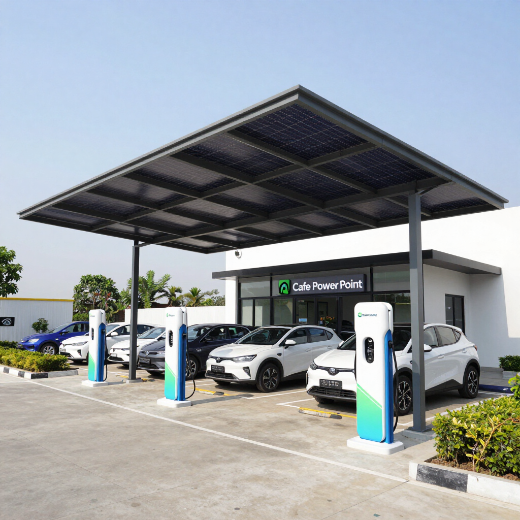 Cafe Power Point charging station with solar parking canopy